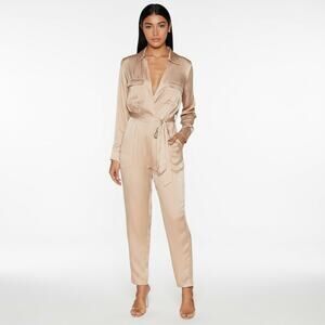 Adelyn Rae XS Kiara Long Sleeve Satin Jumpsuit Champagne Tan Beige New With Tags